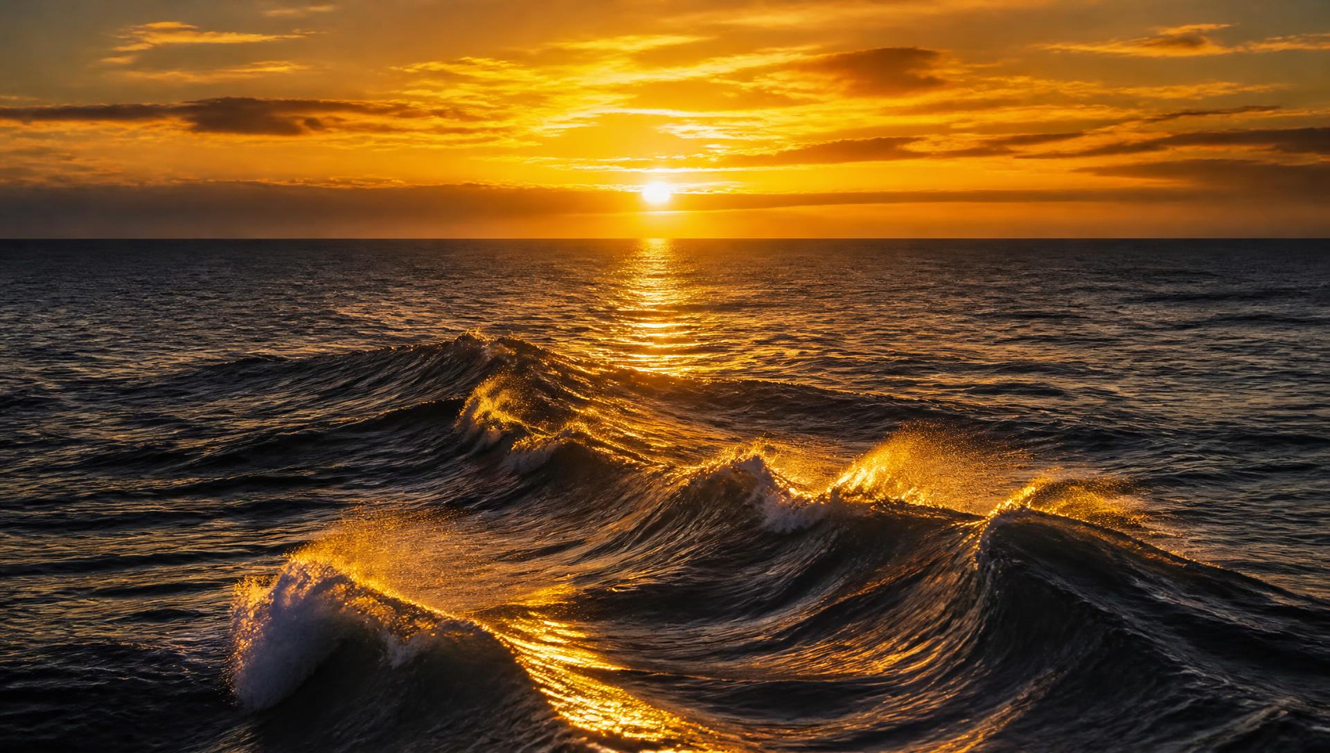 Golden-hour ocean swells lit along their crests toward an open horizon